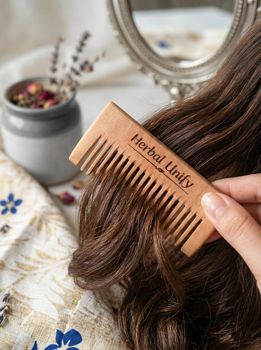 Herbal Unify Natural Wooden Hair Comb – Anti-Static Fine Tooth Comb for Smooth, Frizz-Free & Damage-Free Hair