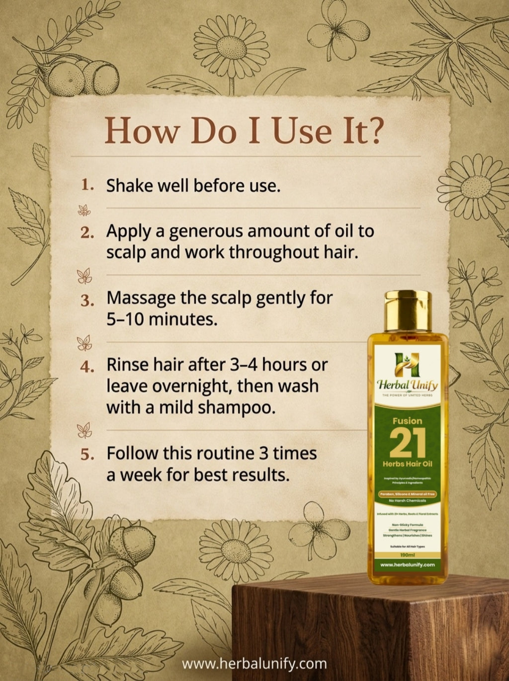 Herbal Unify Fusion 21 Herbs Hair Oil with Wooden Comb – Natural Hair Growth & Anti Hair Fall Ayurvedic Oil (190ml)
