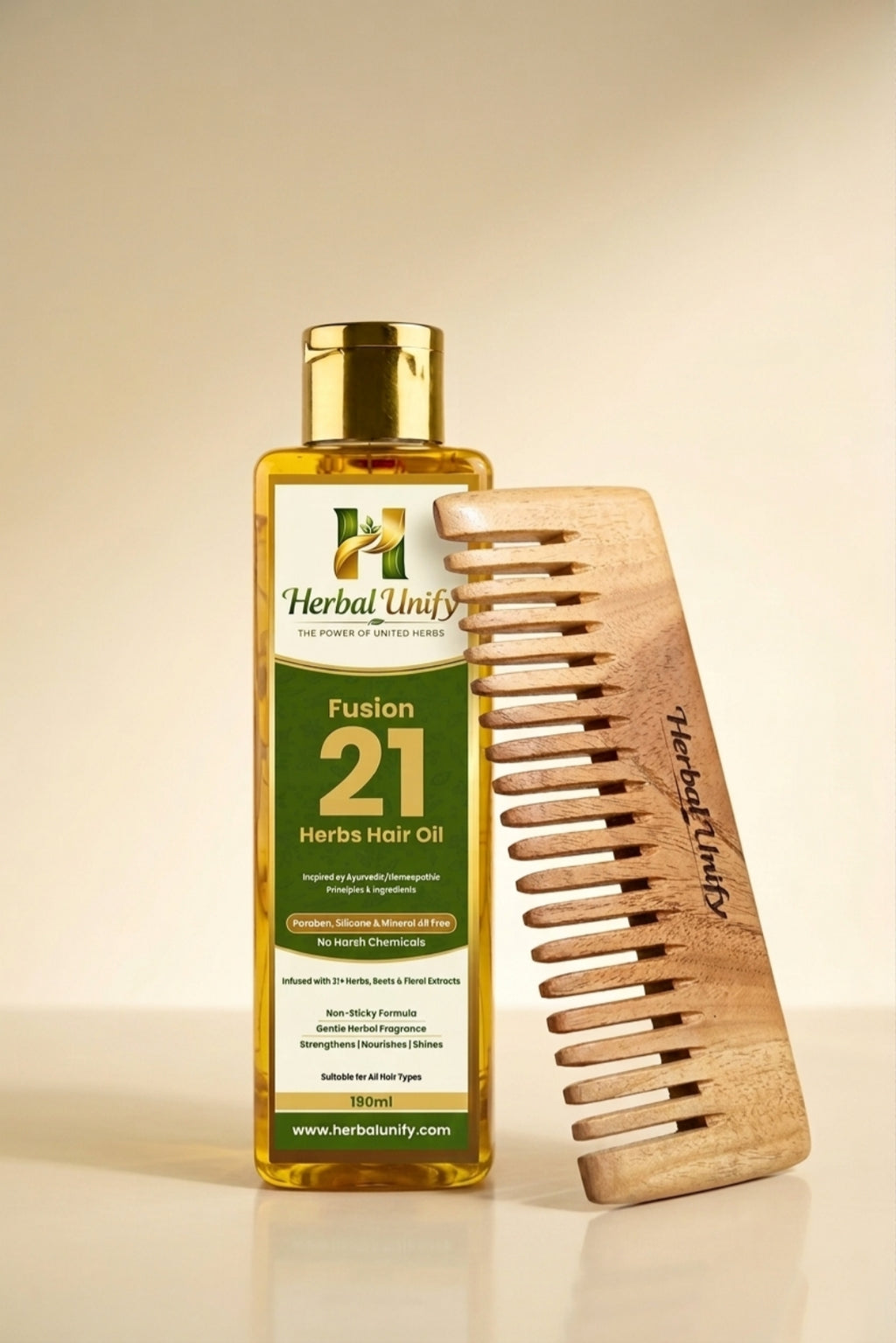 Herbal Unify Fusion 21 Herbs Hair Oil with Wooden Comb – Natural Hair Growth & Anti Hair Fall Ayurvedic Oil (190ml)