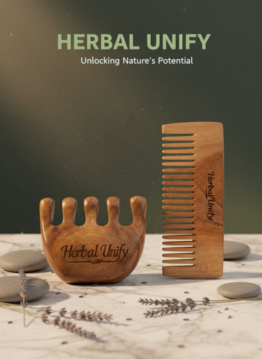 Herbal Unify Wooden Hair Comb Combo – Wide Tooth Detangling Comb + Scalp Massage Comb | Anti-Static Natural Wood | Reduces Hair Breakage & Promotes Hair Growth