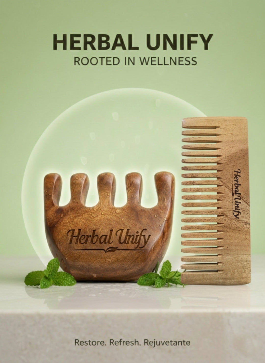 Herbal Unify Wooden Hair Comb Combo – Wide Tooth Detangling Comb + Scalp Massage Comb | Anti-Static Natural Wood | Reduces Hair Breakage & Promotes Hair Growth