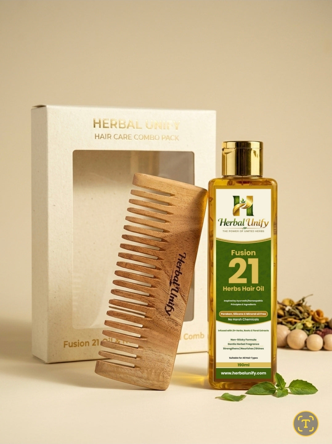 Herbal Unify Fusion 21 Herbs Hair Oil with Wooden Comb – Natural Hair Growth & Anti Hair Fall Ayurvedic Oil (190ml)